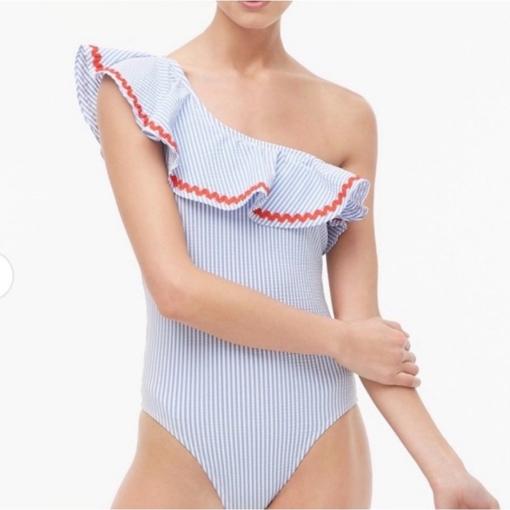 J Crew One-Shoulder Ruffle Kids One-Piece Swimsuit in Light Blue Stripe